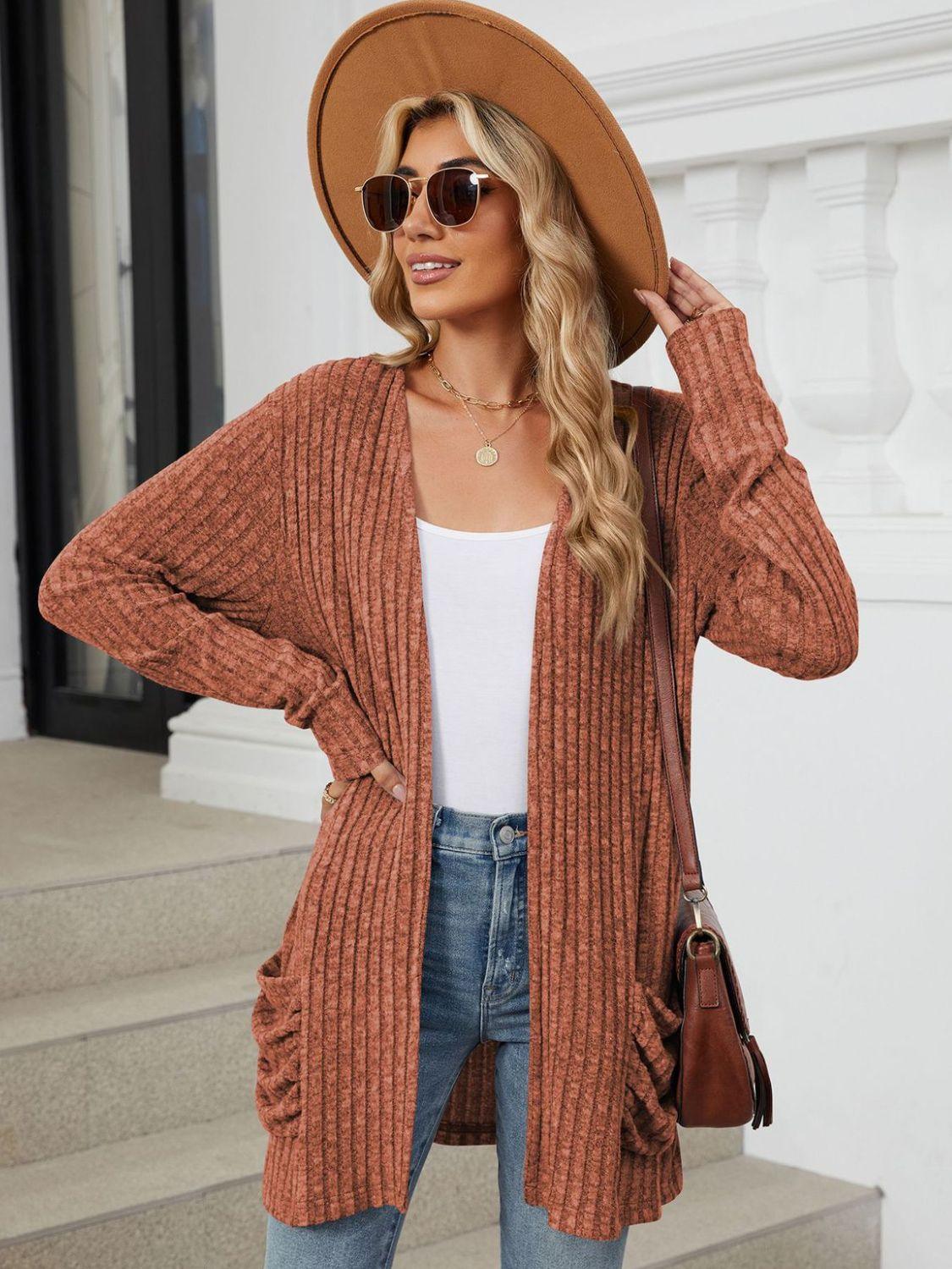 Pocketed Open Front Long Sleeve Cardigan Carauana Store