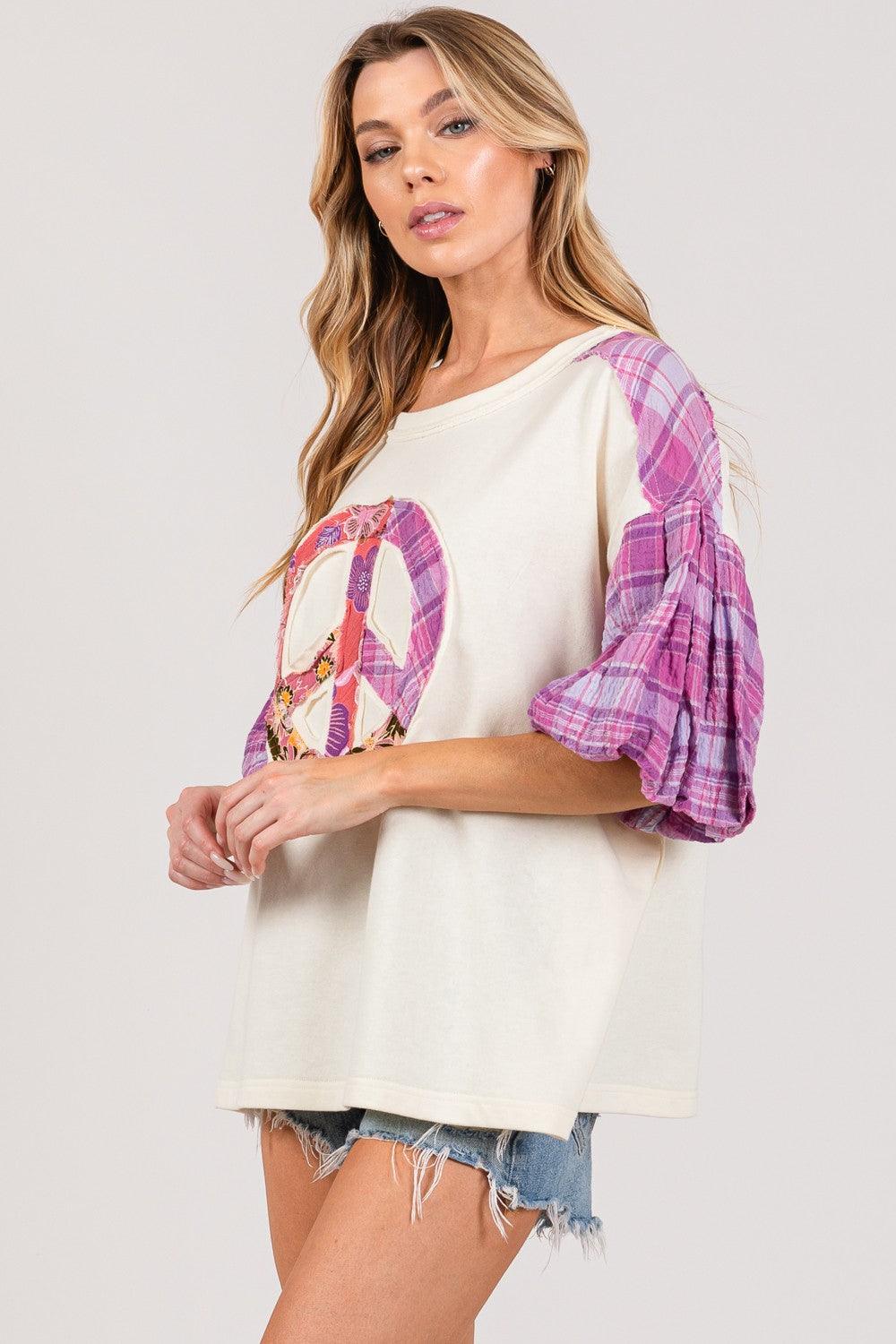 SAGE + FIG Full Size Peace Applique Patch with Plaid Contrast Top Carauana Store