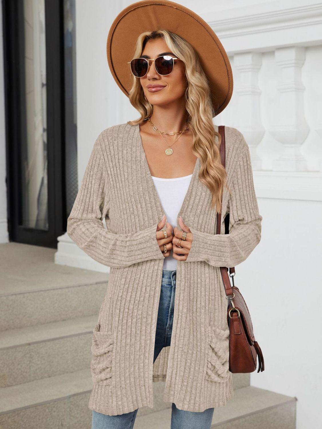 Pocketed Open Front Long Sleeve Cardigan Carauana Store