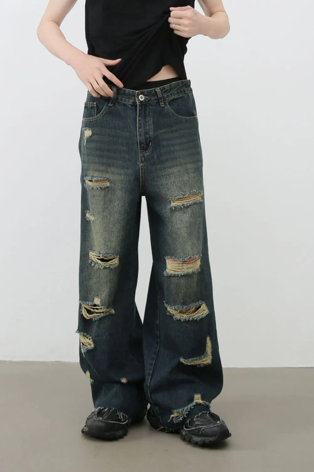 Men's Frayed Hem Distressed Wide Leg Jeans Carauana Store