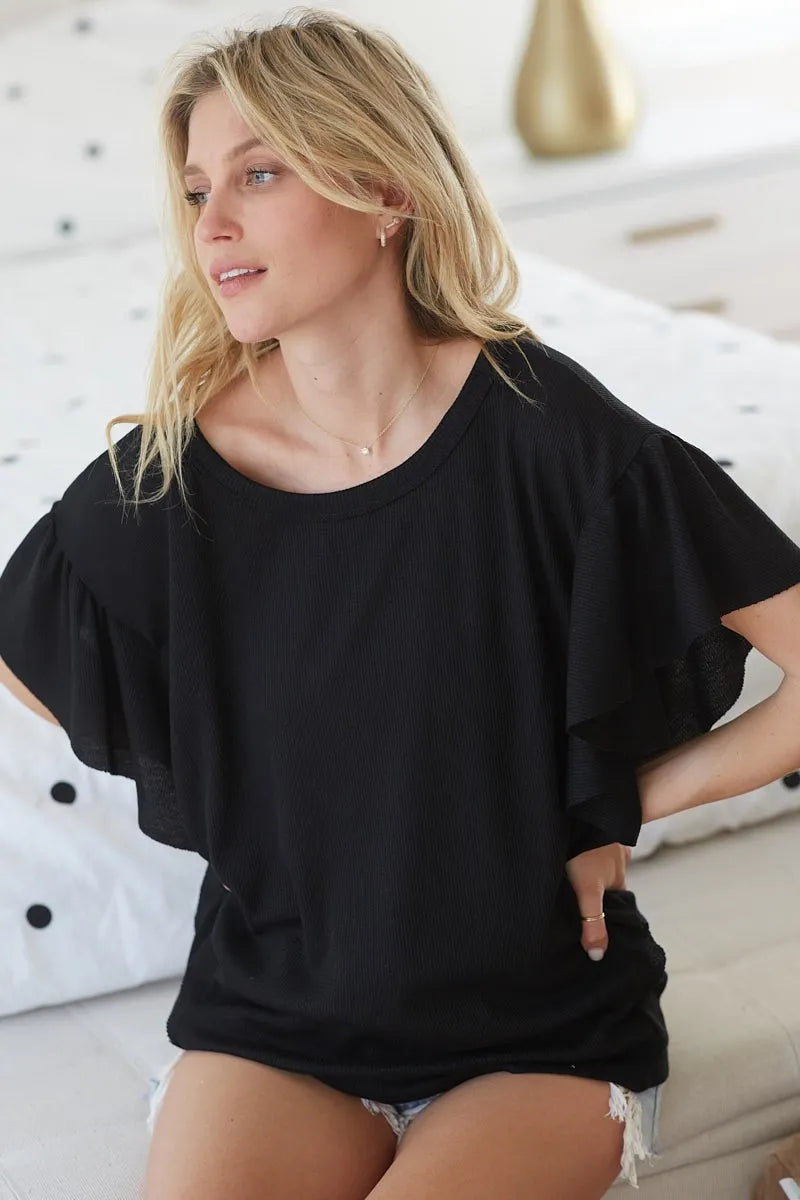 BiBi Thermal Knit with Ruffled Sleeve Top Carauana Store