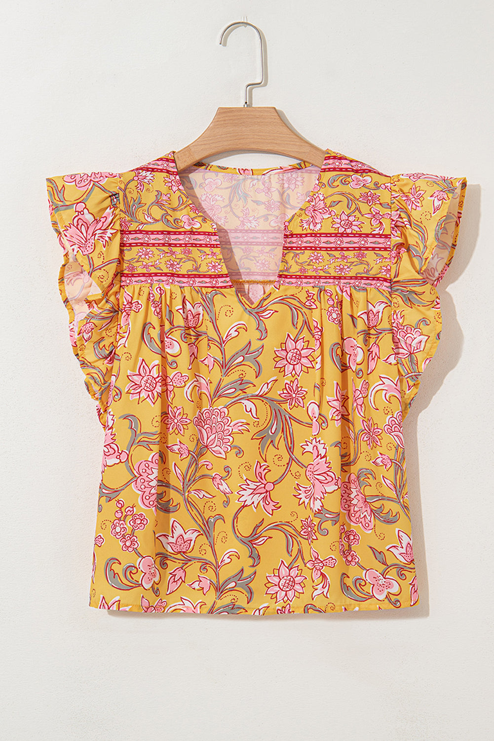 Yellow Floral Notched Neck Ruffled Sleeve Casual Blouse