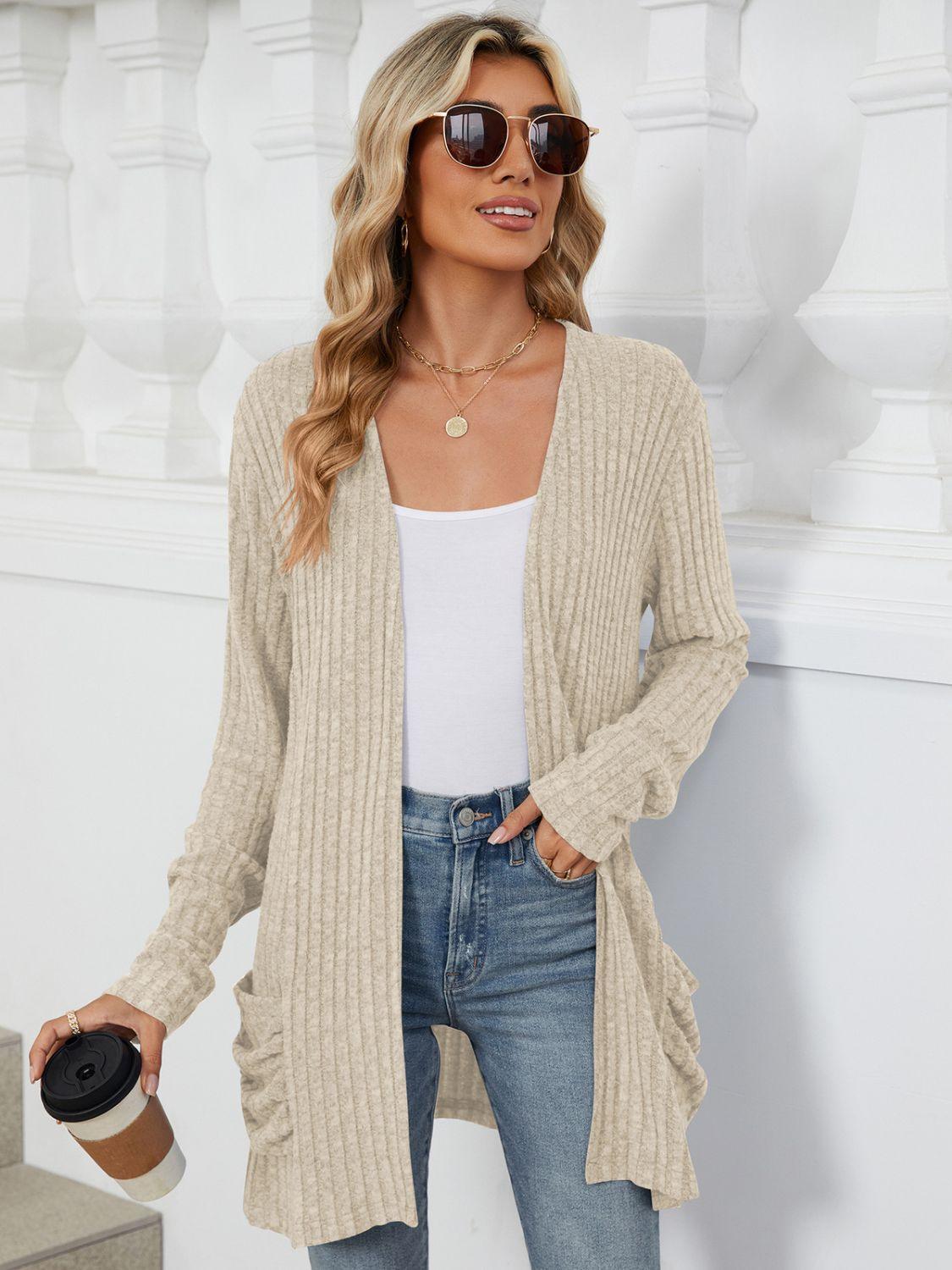 Pocketed Open Front Long Sleeve Cardigan Carauana Store