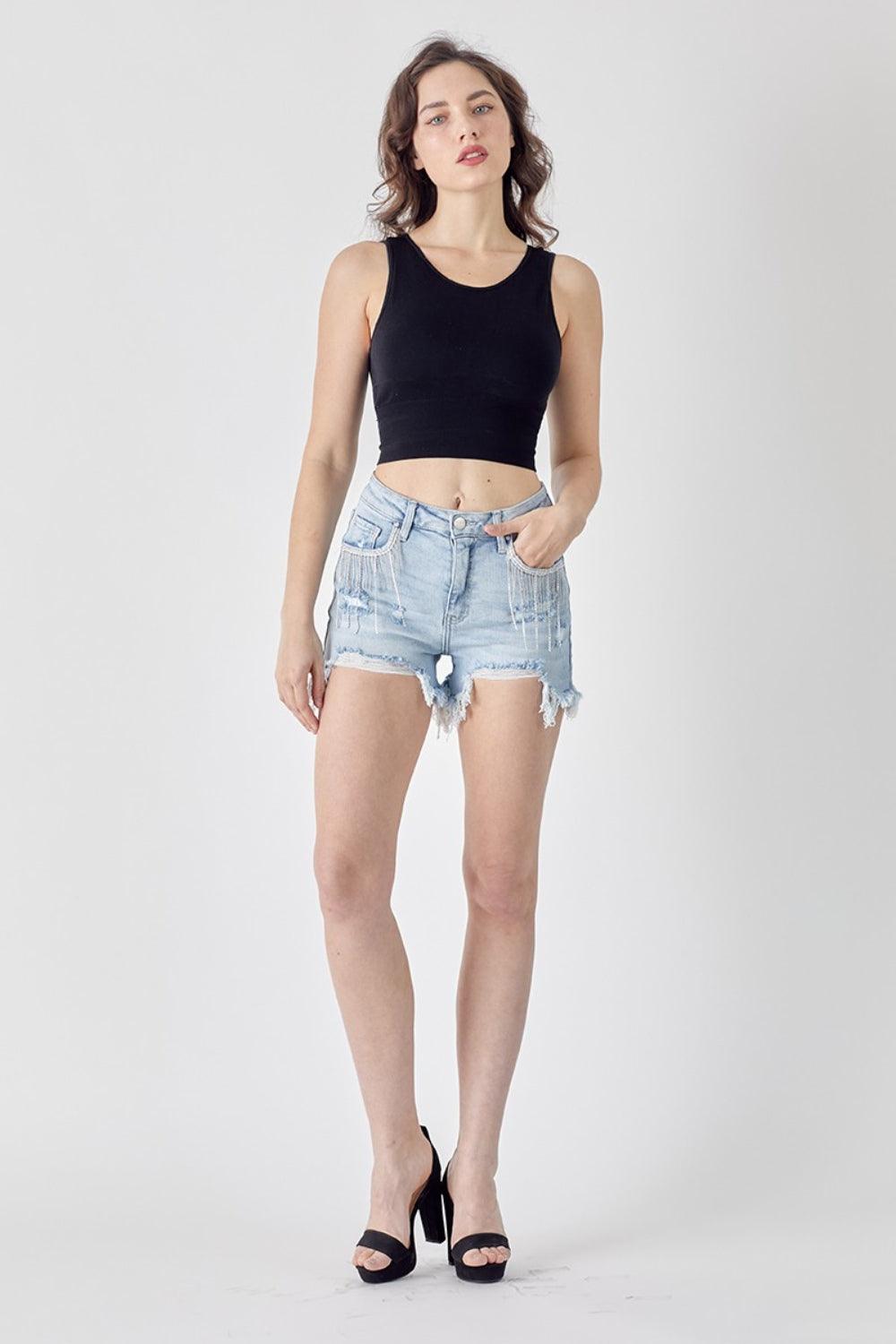 RISEN Frayed Hem Denim Shorts with Fringe Detail Pockets Carauana Store