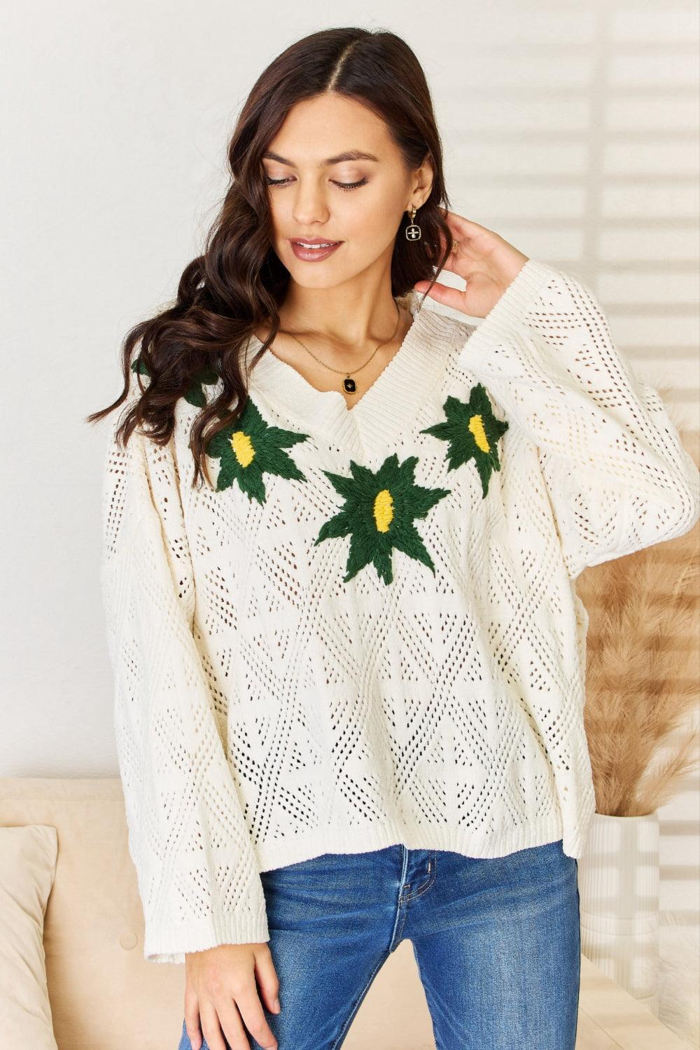 POL Floral Embroidered Pattern V-Neck Sweater Carauana Store