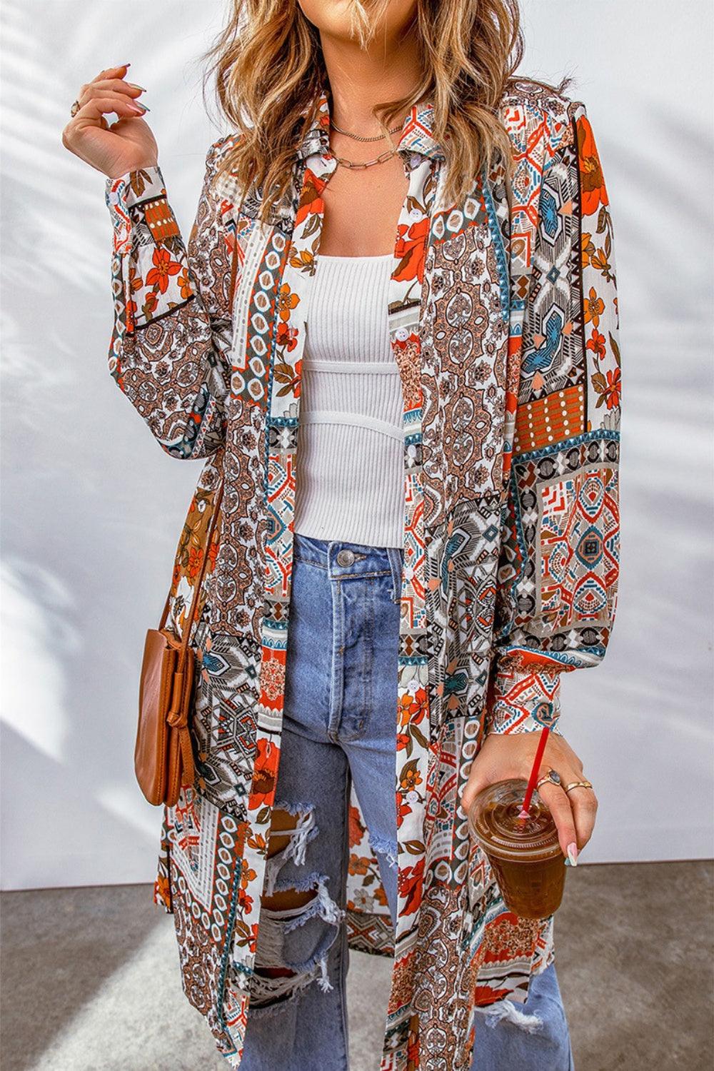 Printed Button Up Long Sleeve Cardigan Carauana Store