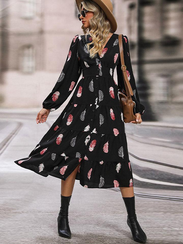 Printed V-Neck Slit Dress Carauana Store