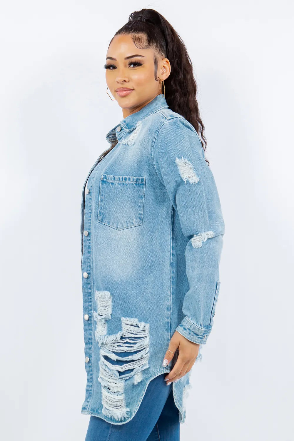American Bazi Distressed Button Up Long Sleeve Denim Jacket Carauana Store
