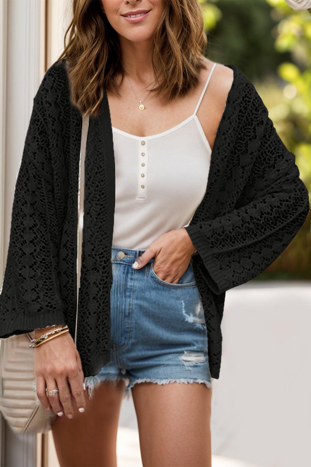 Openwork Open Front Dropped Shoulder Cardigan Carauana Store