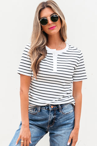 White Stripe Textured Short Sleeve Buttoned Henley Top