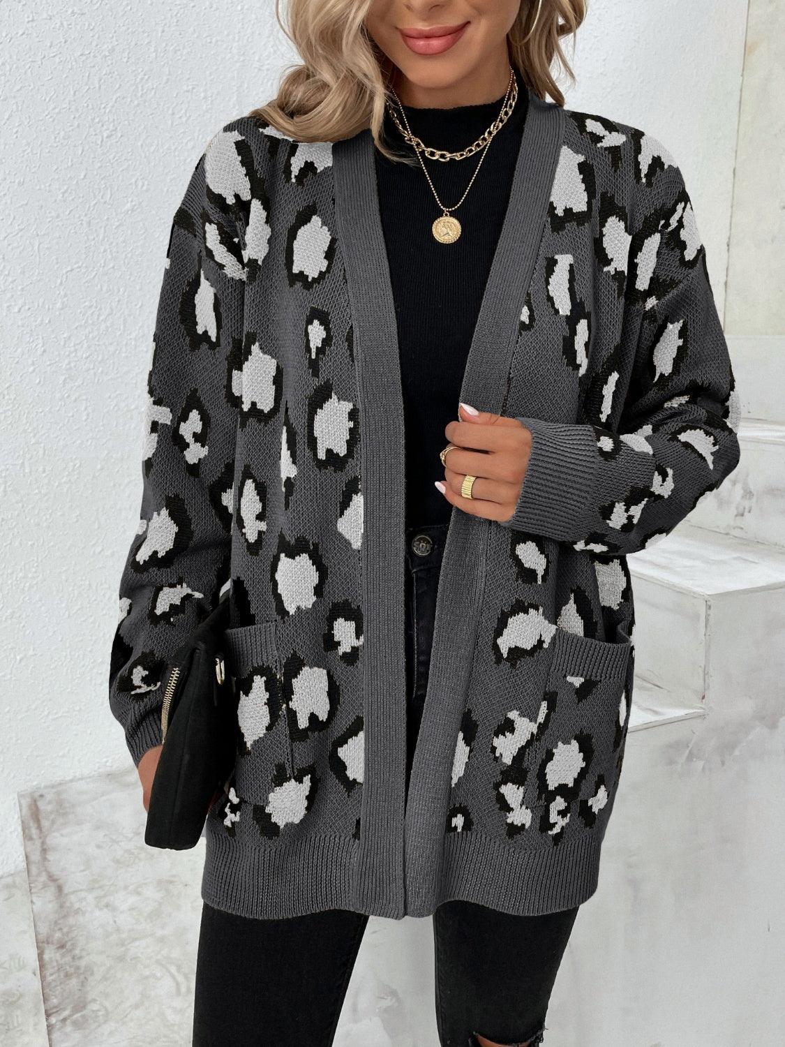 Leopard Open Front Dropped Shoulder Cardigan Carauana Store