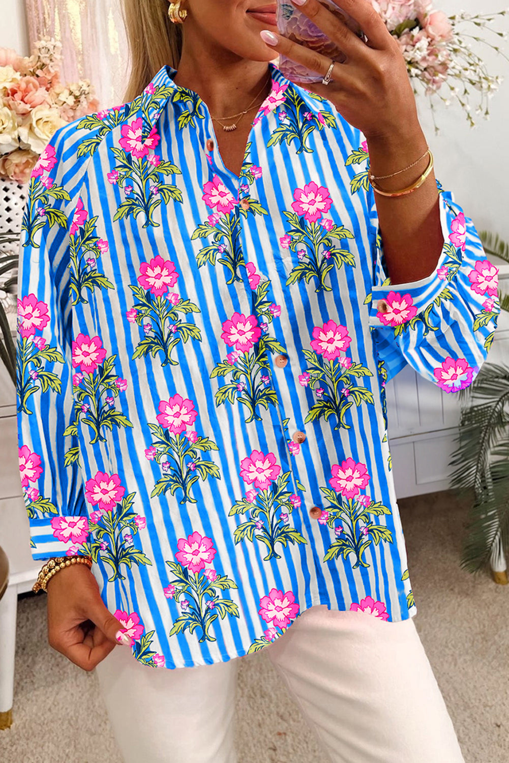 Blue Striped Floral Print Buttoned Cuffs Loose Fit Shirt