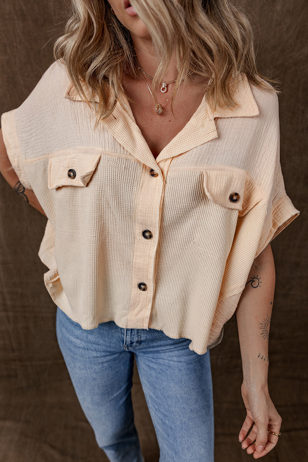 Beige Waffle Splicing Short Batwing Sleeve Flap Detail Shirt