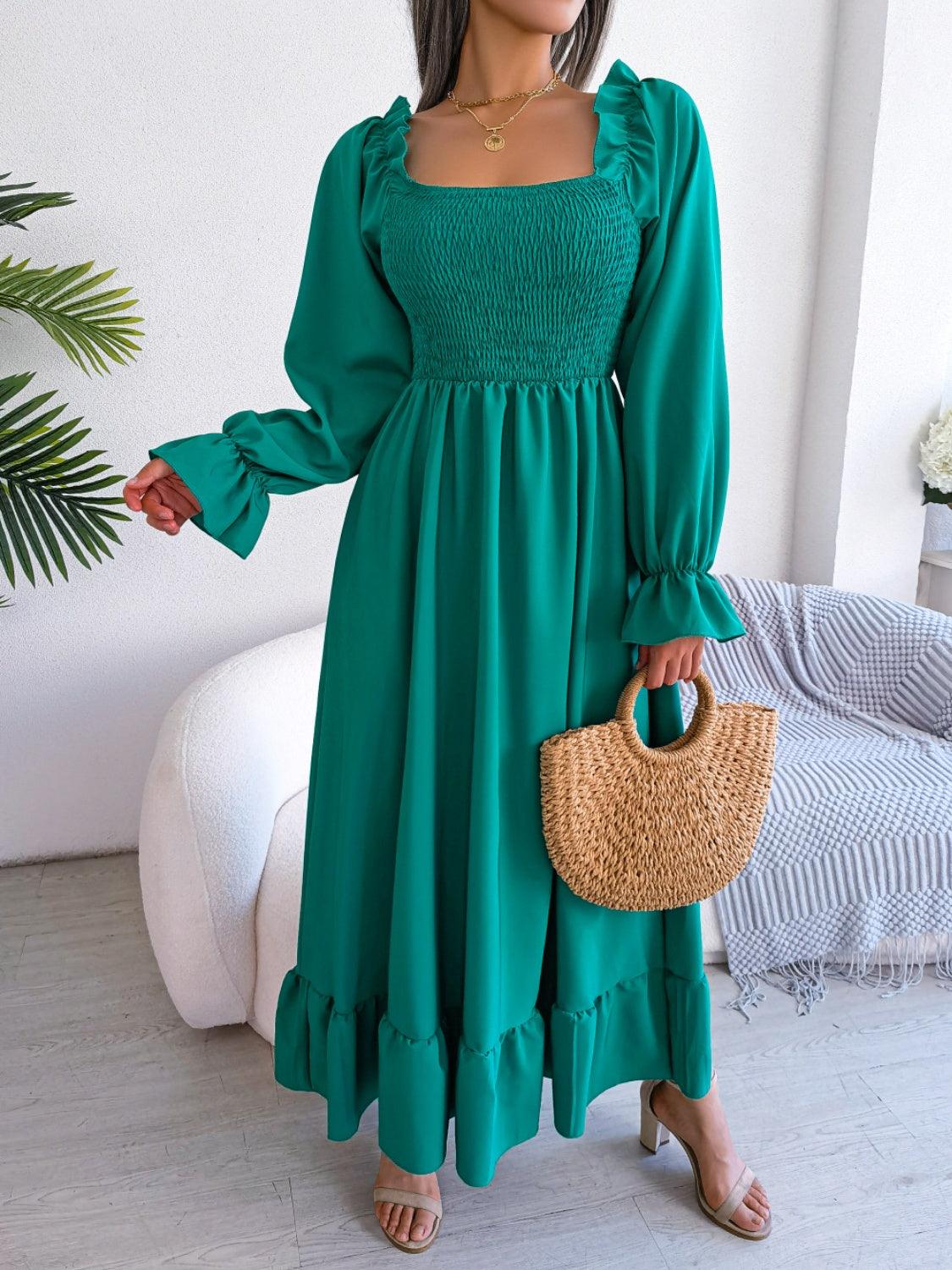 Smocked Square Neck Flounce Sleeve Dress Carauana Store