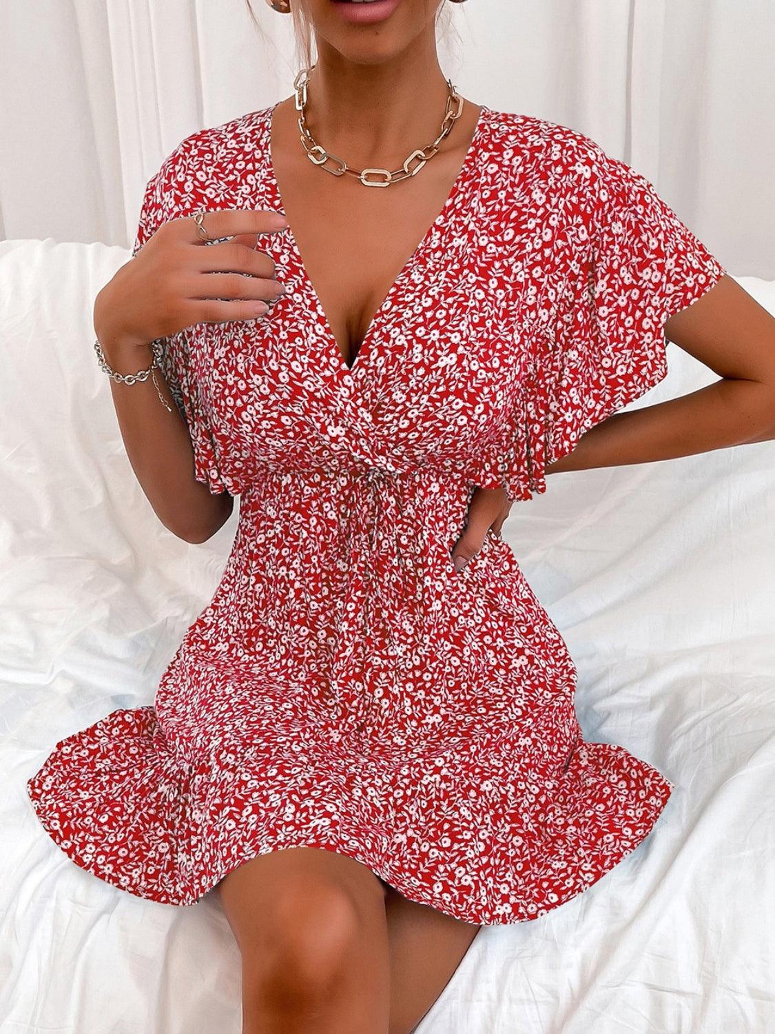 Cutout Ditsy Floral Surplice Flounce Sleeve Dress Carauana Store