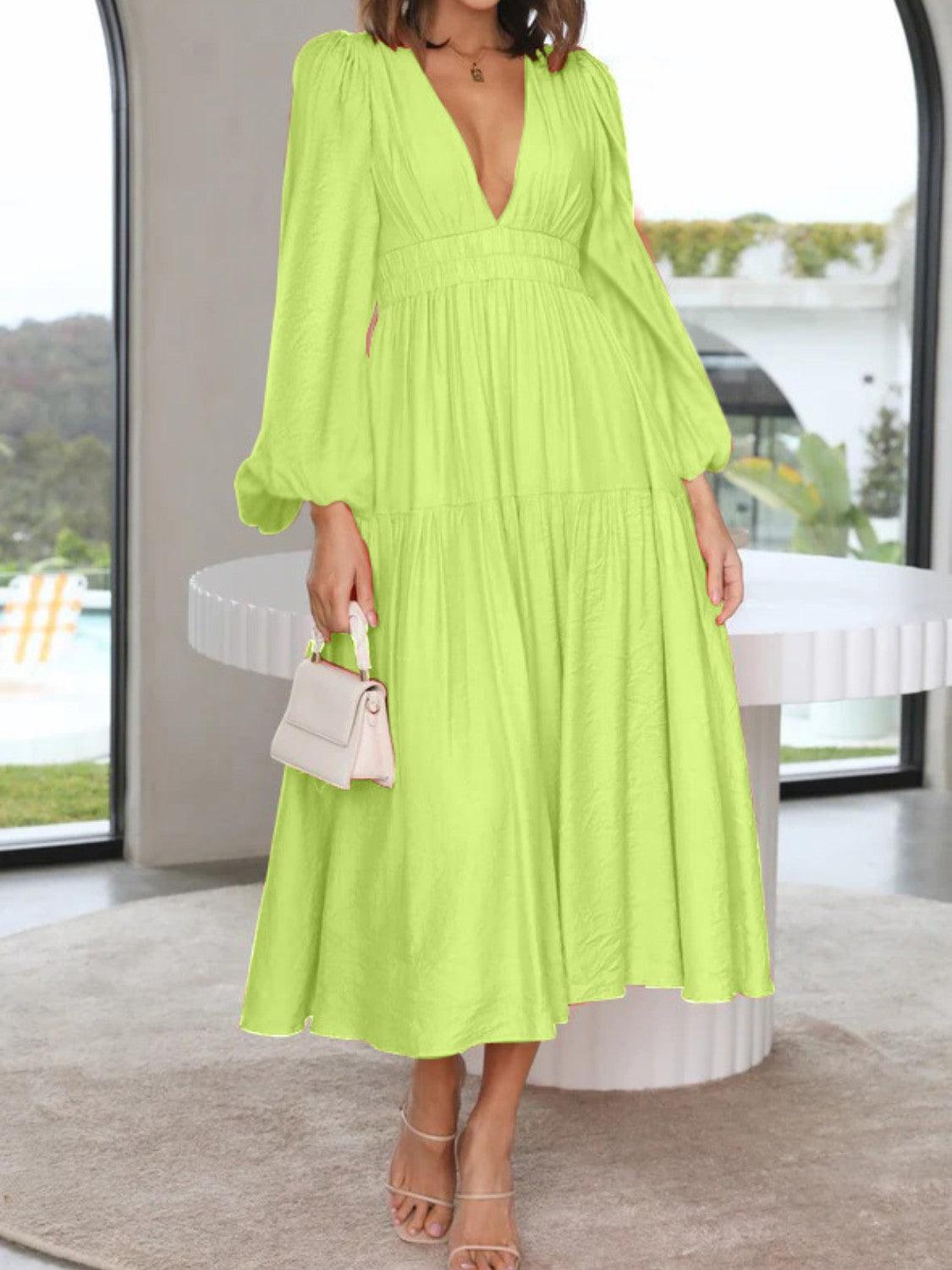 Deep V-Neck Balloon Sleeve Plain Maxi Dress Carauana Store