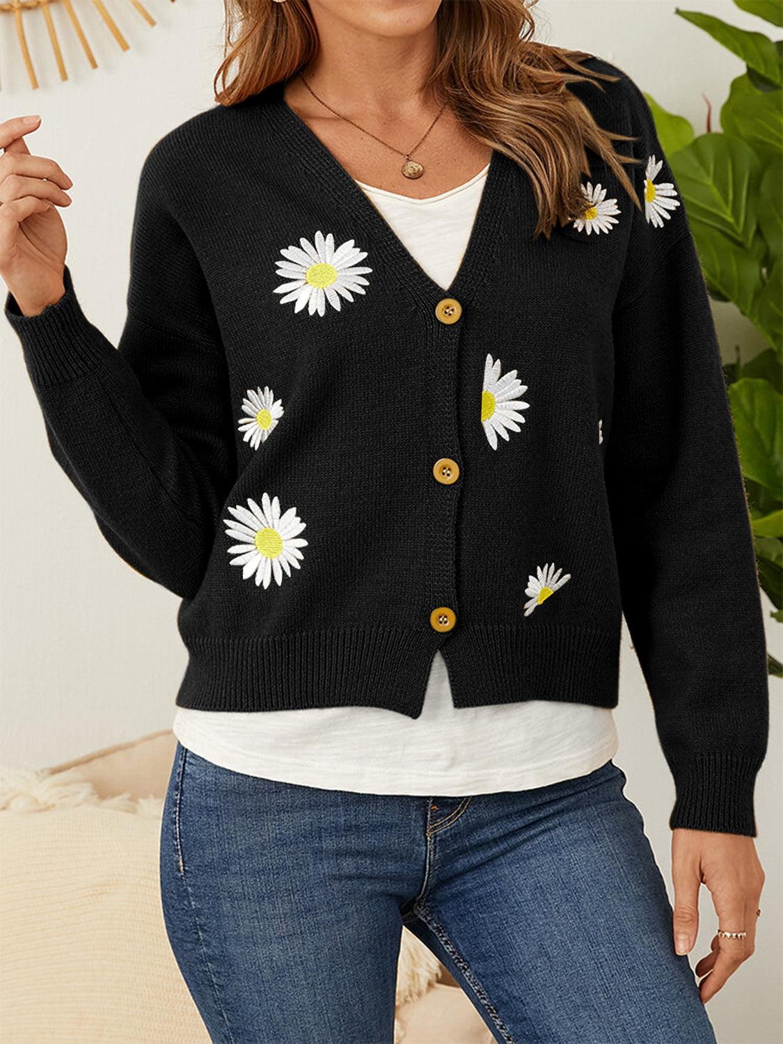 Flower Button Front Dropped Shoulder Cardigan Carauana Store