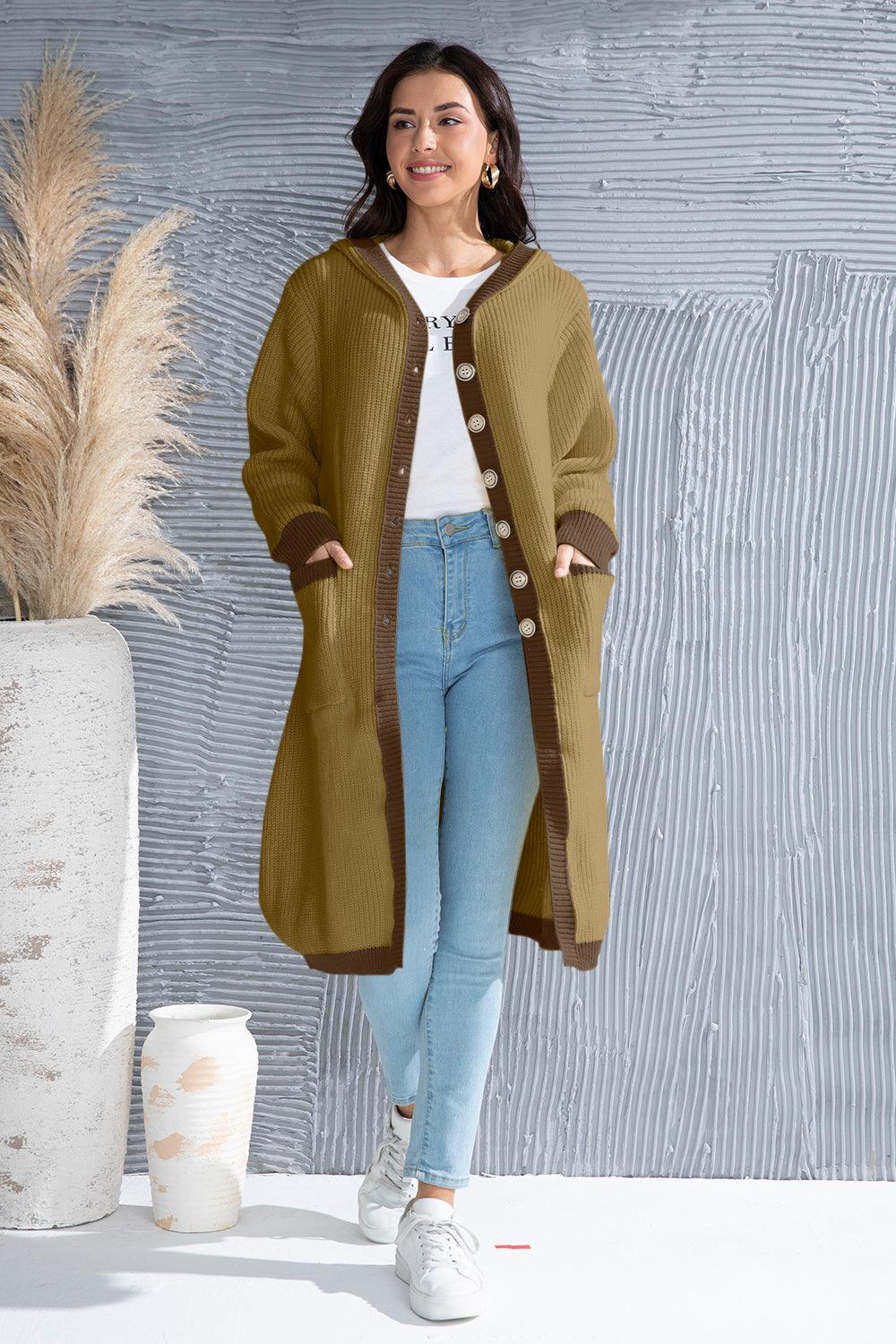 Button Up Contrast Trim Hooded Cardigan Carauana Store