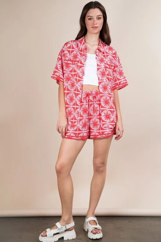 VERY J Full Size Tropical Printed Shirt Top and Shorts Set Plus Size Carauana Store