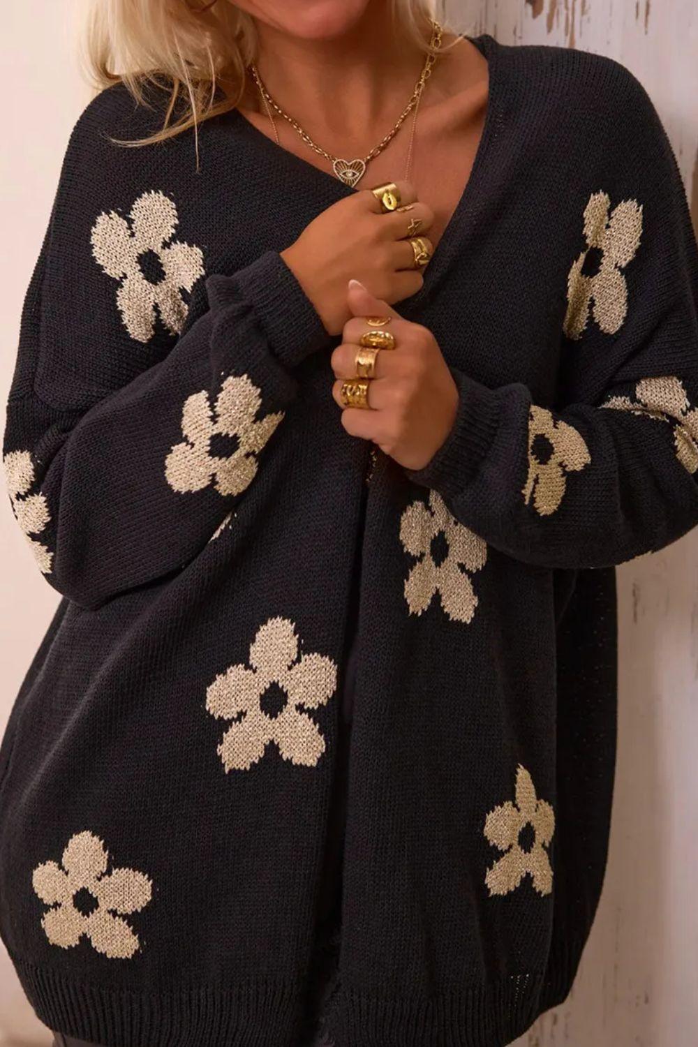 Flower Open Front Long Sleeve Cardigan Carauana Store