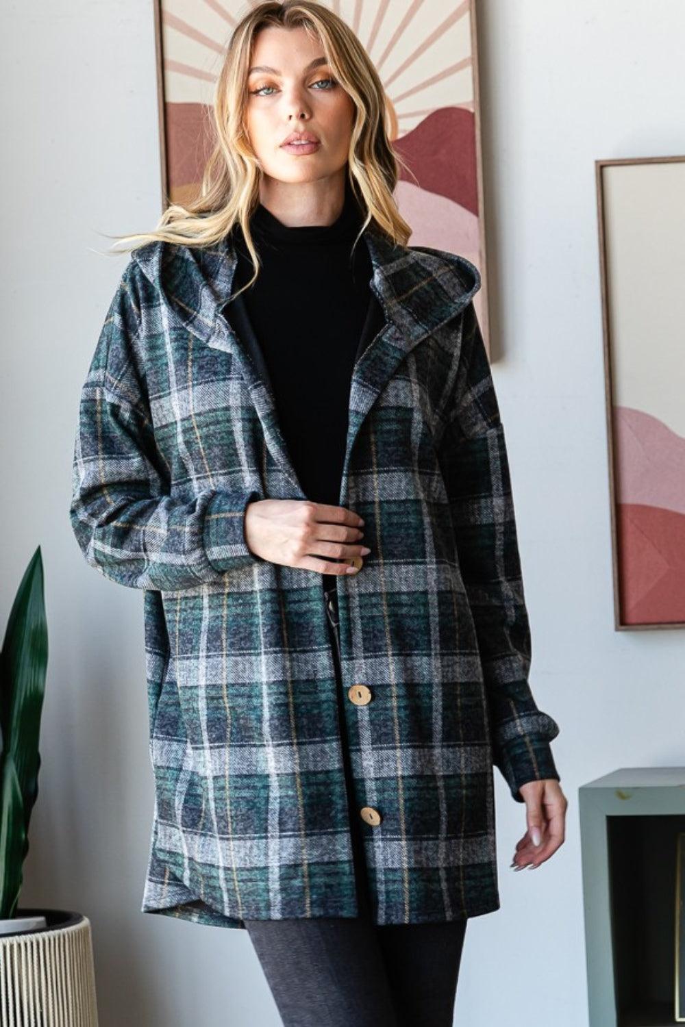Heimish Plaid Button Down Long Sleeve Hooded Cardigan Carauana Store