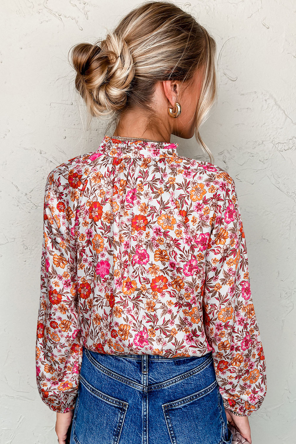 Pink Floral Print Tie Split Neck Bracelet Sleeve Blouse