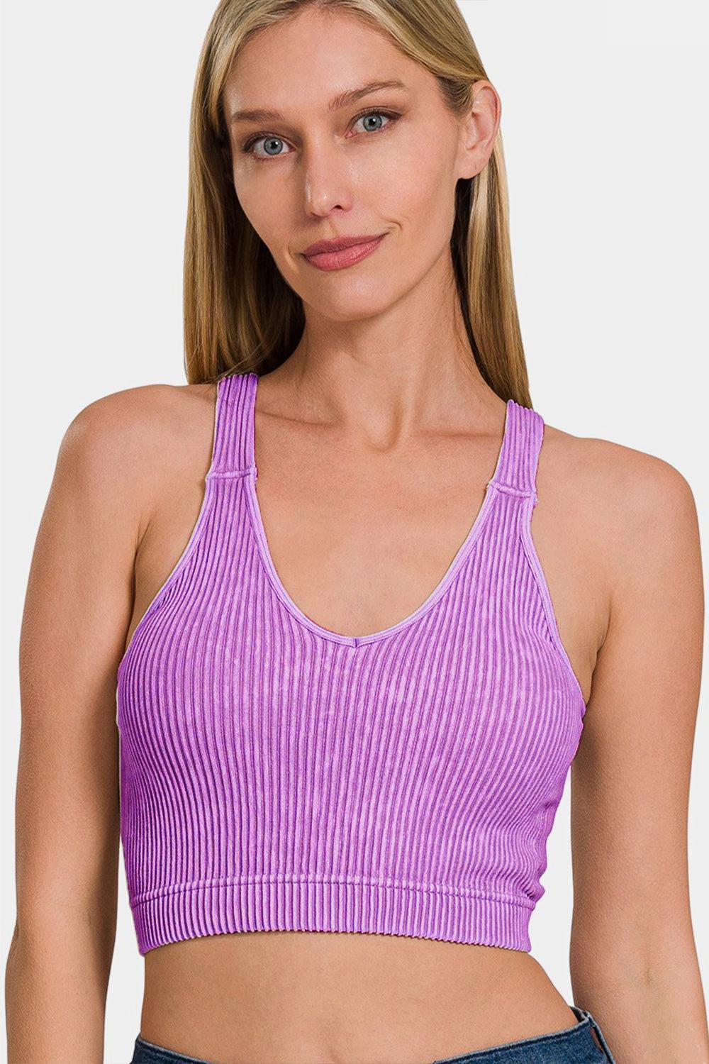 Zenana Washed Ribbed Cropped Bra Padded Tank Carauana Store