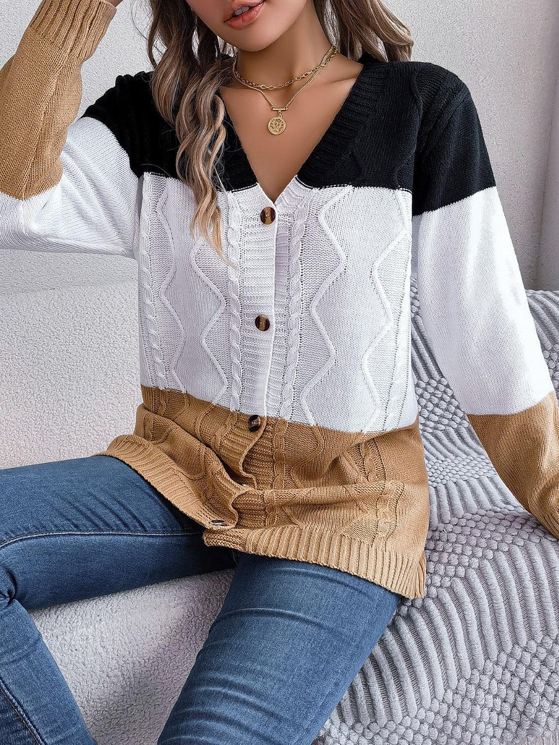 Cable-Knit Striped Button Up Cardigan Carauana Store