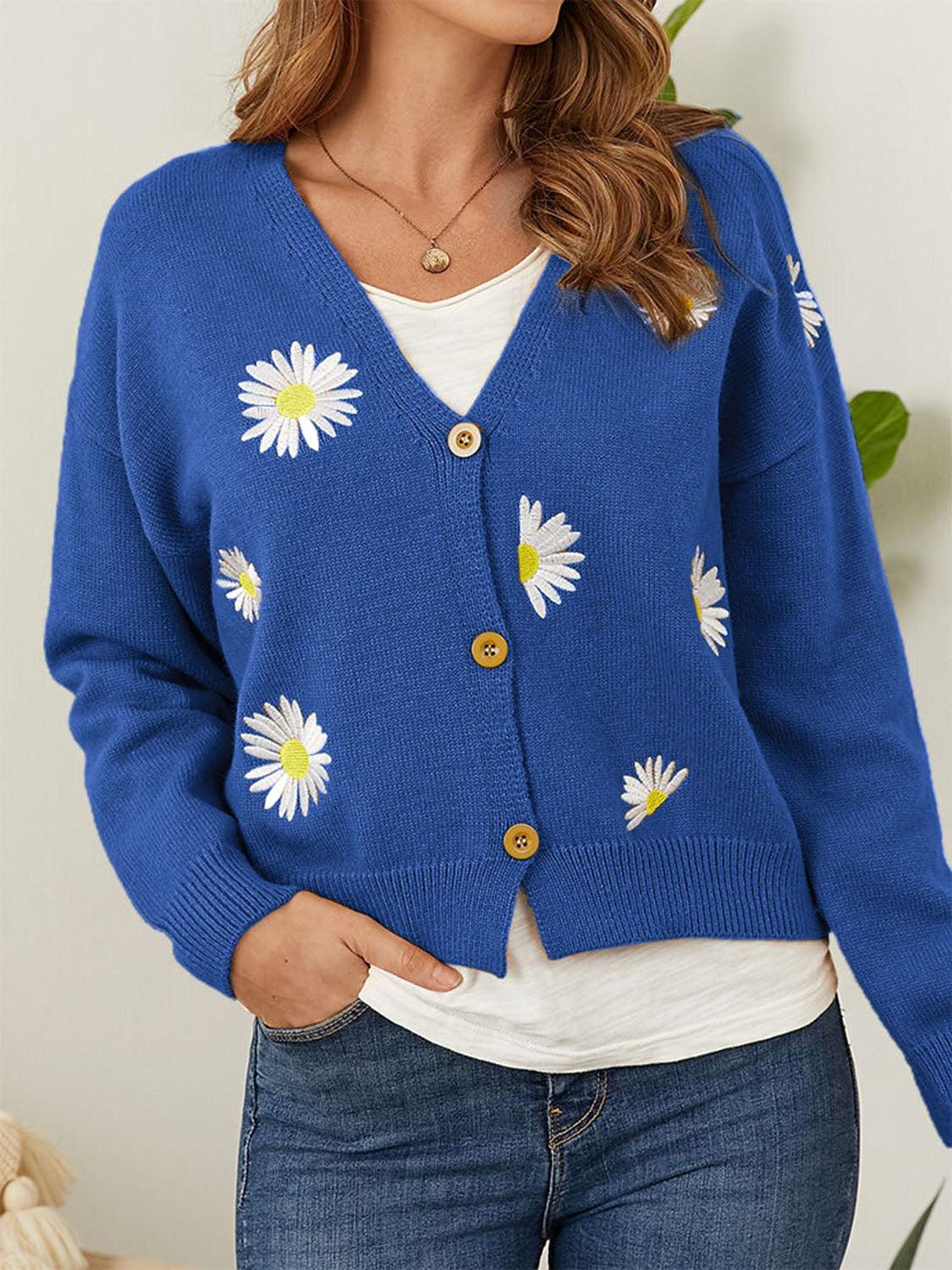 Flower Button Front Dropped Shoulder Cardigan Carauana Store