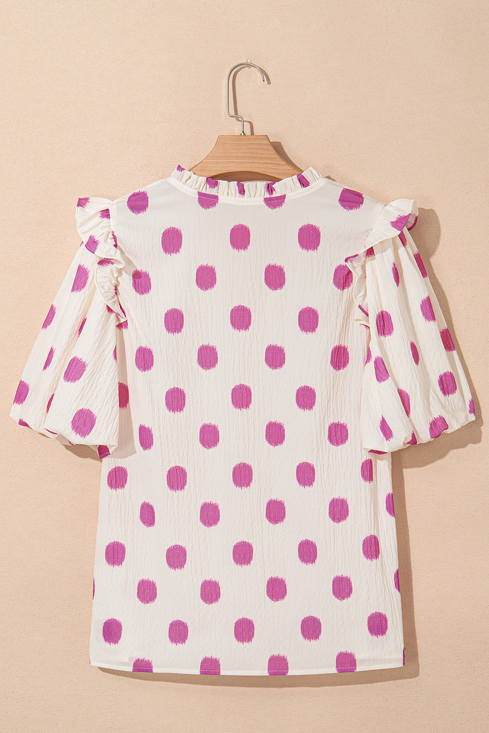 Rose Polka Dot Print Shirred Yoke Notched Neck Balloon Sleeve Blouse