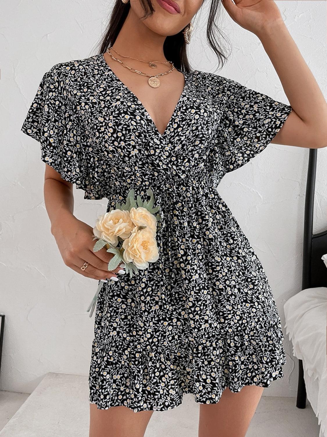 Cutout Ditsy Floral Surplice Flounce Sleeve Dress Carauana Store