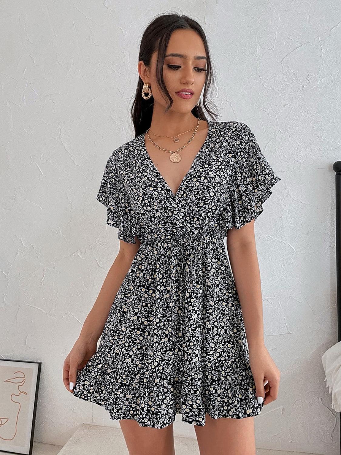Cutout Ditsy Floral Surplice Flounce Sleeve Dress Carauana Store