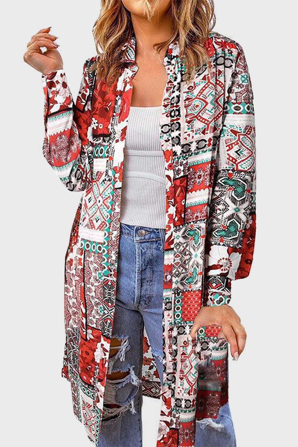 Printed Button Up Long Sleeve Cardigan Carauana Store
