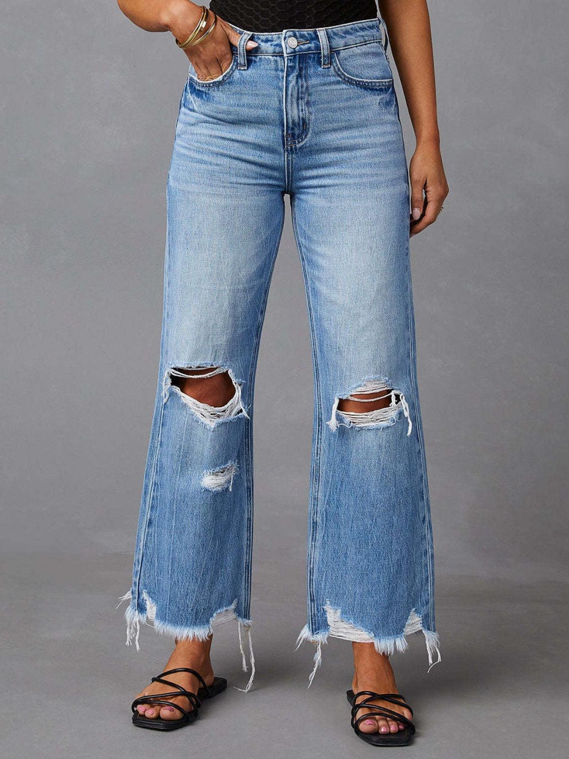 Distressed Raw Hem Jeans with Pockets Carauana Store