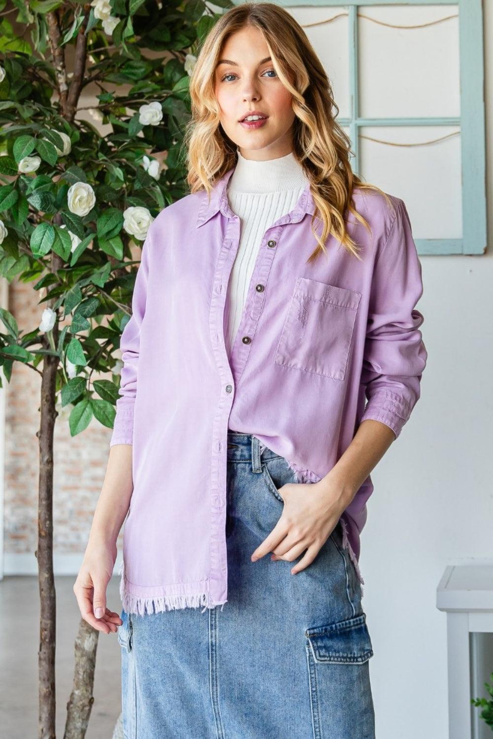 Veveret Raw Hem Button Up Long Sleeve Shirt Carauana Store