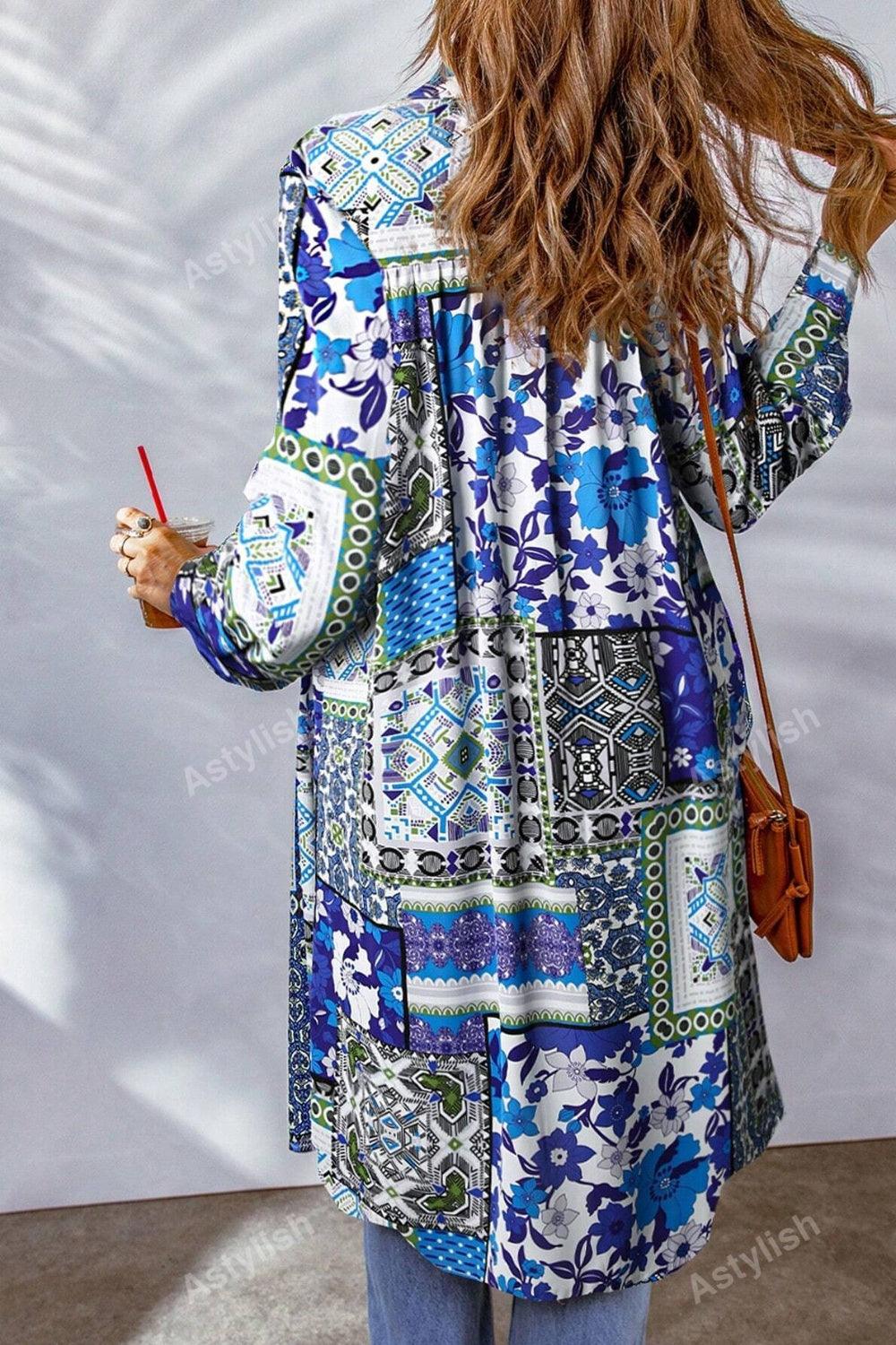 Printed Button Up Long Sleeve Cardigan Carauana Store