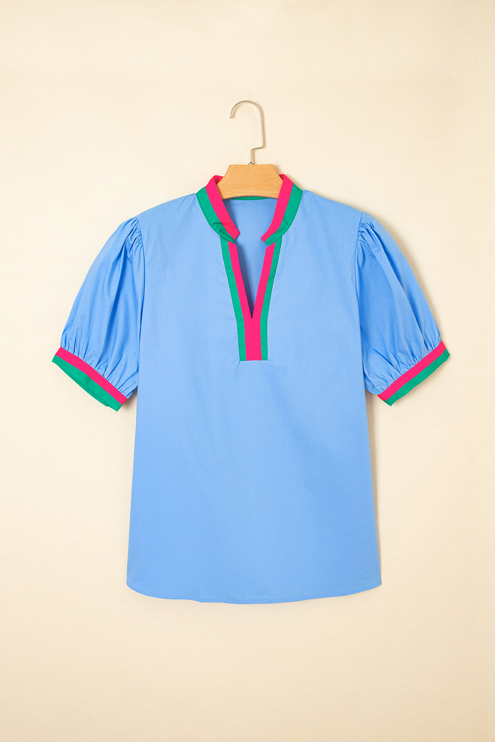 Sky Blue Contrast Striped V Neck Collision Short Puff Sleeve Blouse