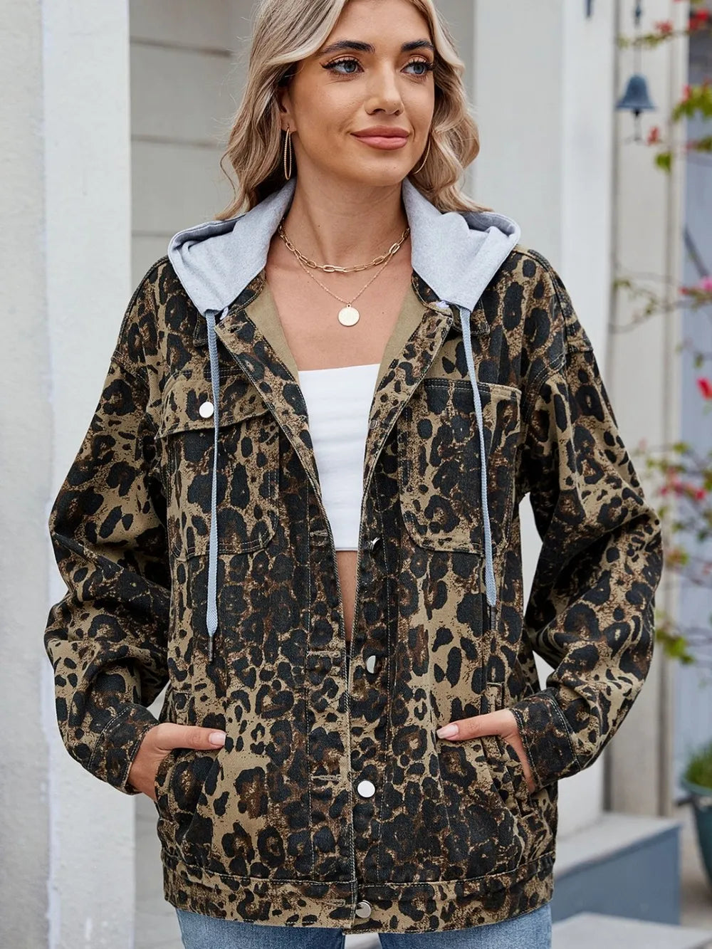 Pocketed Leopard Long Sleeve Denim Jacket Carauana Store