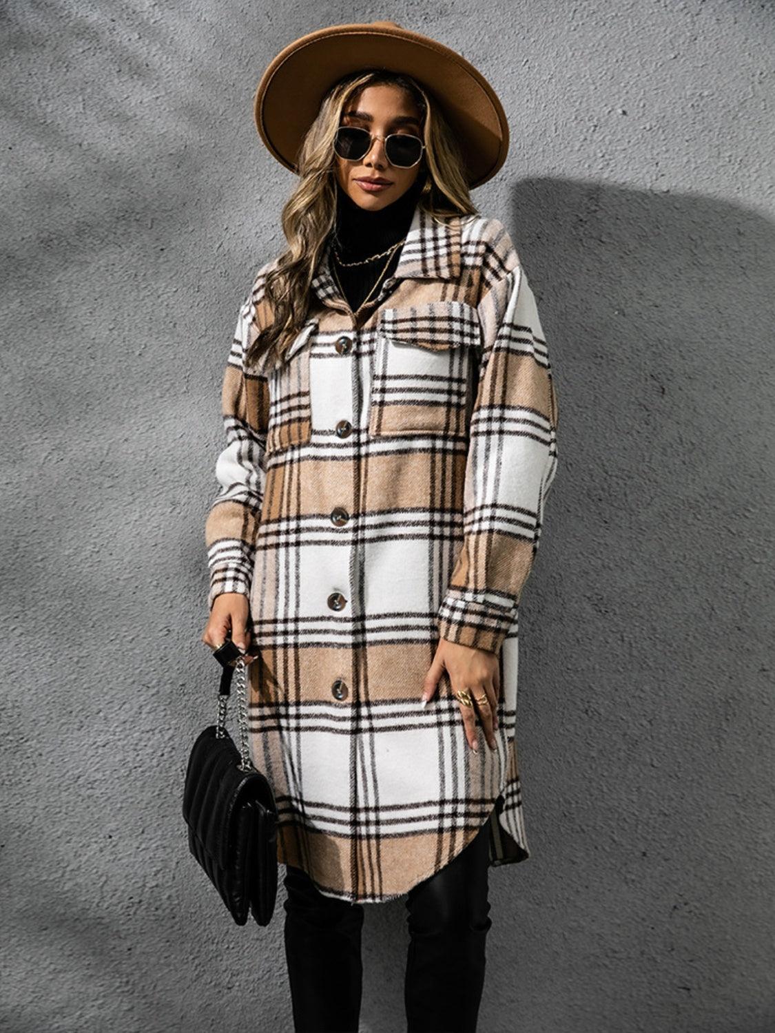 Plaid Collared Neck Long Sleeve Coat Carauana Store