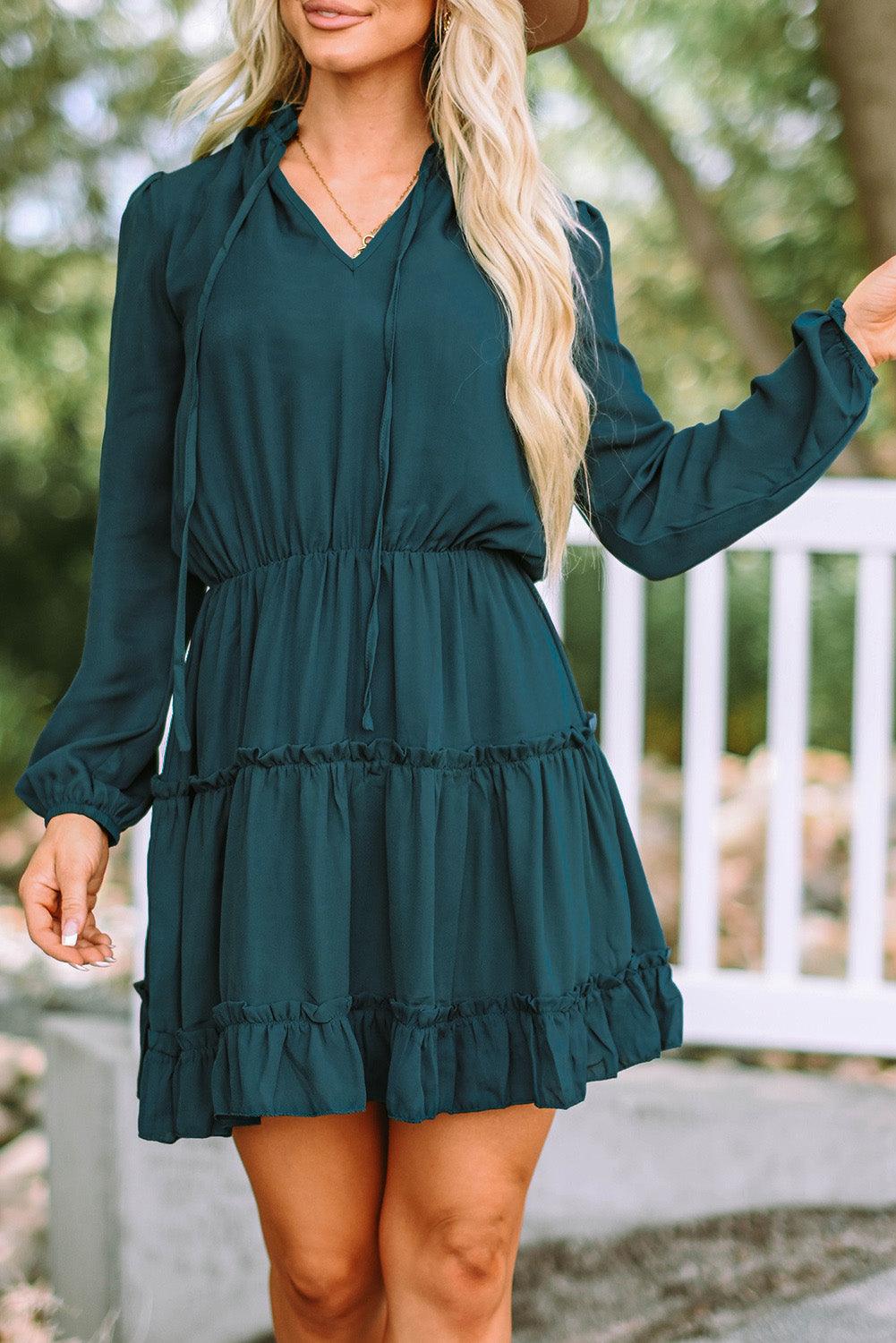 Frill Tie Neck Balloon Sleeve Dress Carauana Store