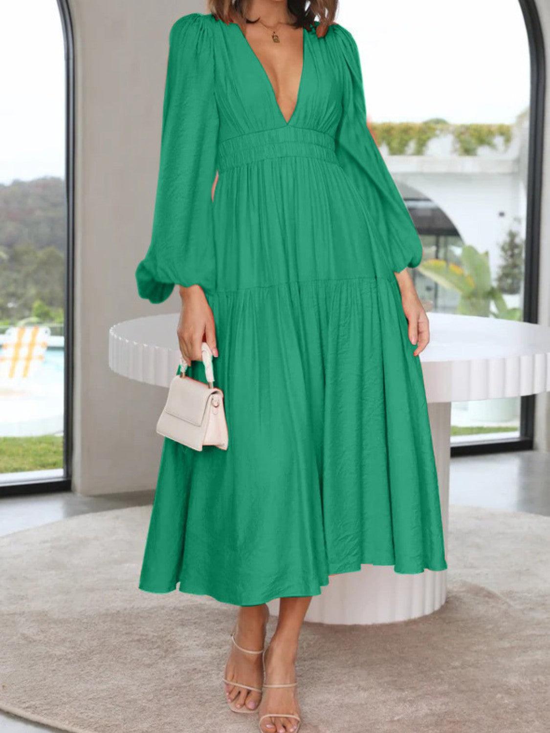 Deep V-Neck Balloon Sleeve Plain Maxi Dress Carauana Store