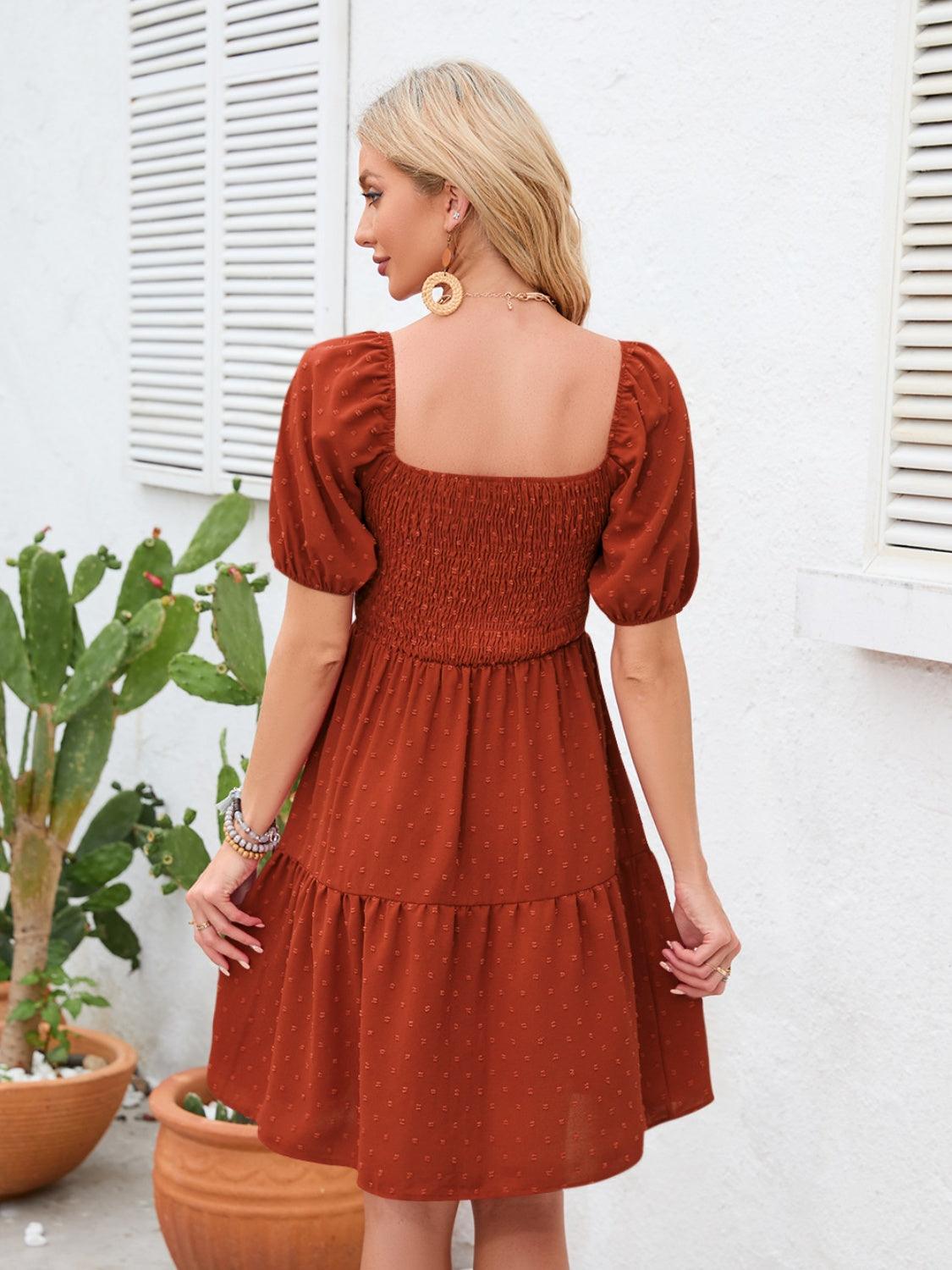 Swiss Dot Smocked Square Neck Dress Carauana Store