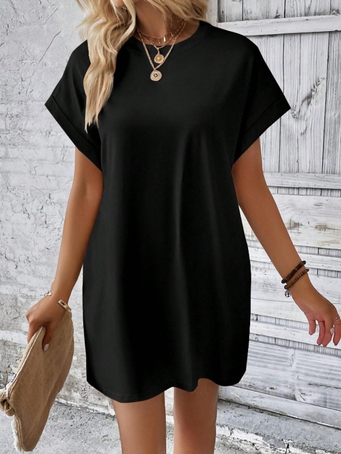 Pocketed Round Neck Short Sleeve Dress Carauana Store