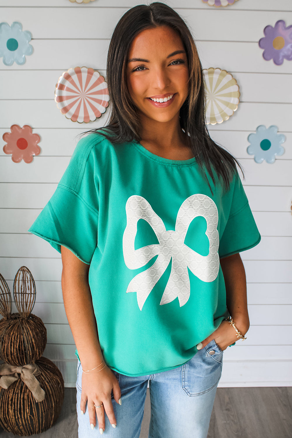 Sea Green Lace Bow Raw Edge Drop Shoulder Casual T Shirt