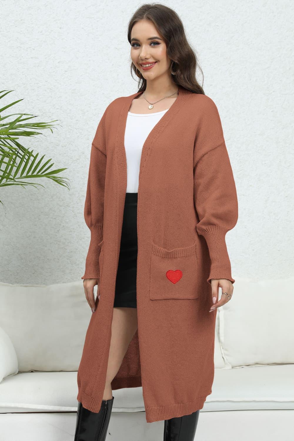 Lantern Sleeve Open Front Pocketed Cardigan Carauana Store