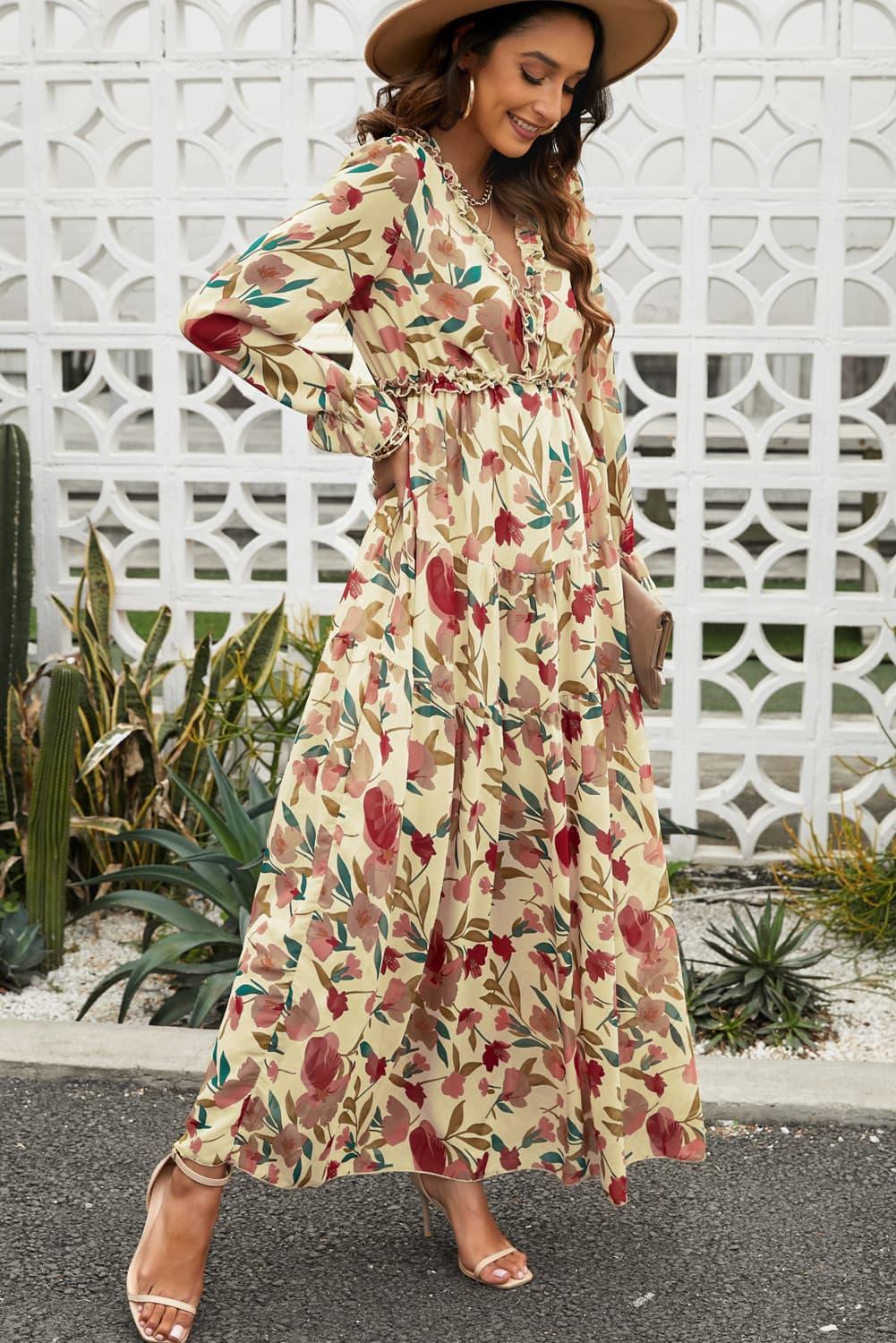 Floral Frill Trim Flounce Sleeve Plunge Maxi Dress Carauana Store
