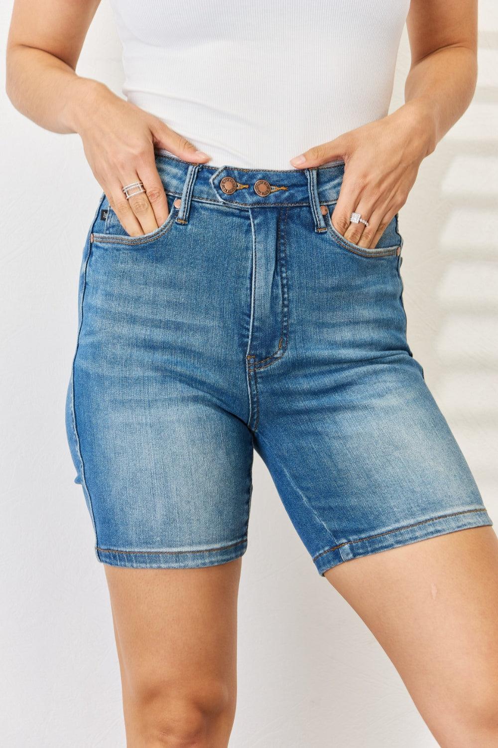 Judy Blue Full Size Tummy Control Double Button Bermuda Denim Shorts Carauana Store