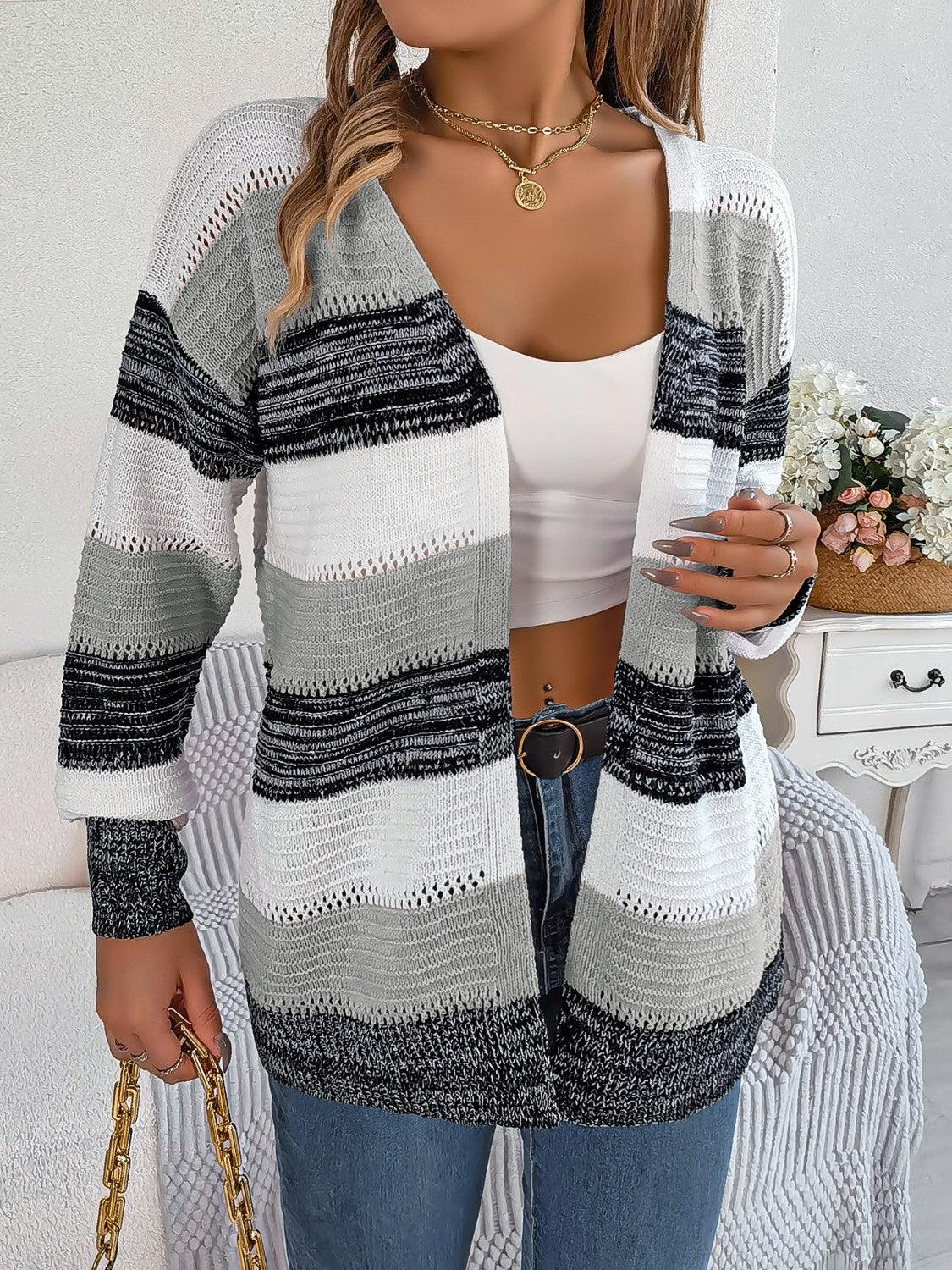 Openwork Striped Open Front Cardigan Carauana Store