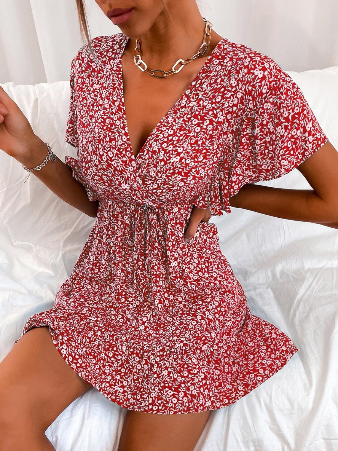 Cutout Ditsy Floral Surplice Flounce Sleeve Dress Carauana Store