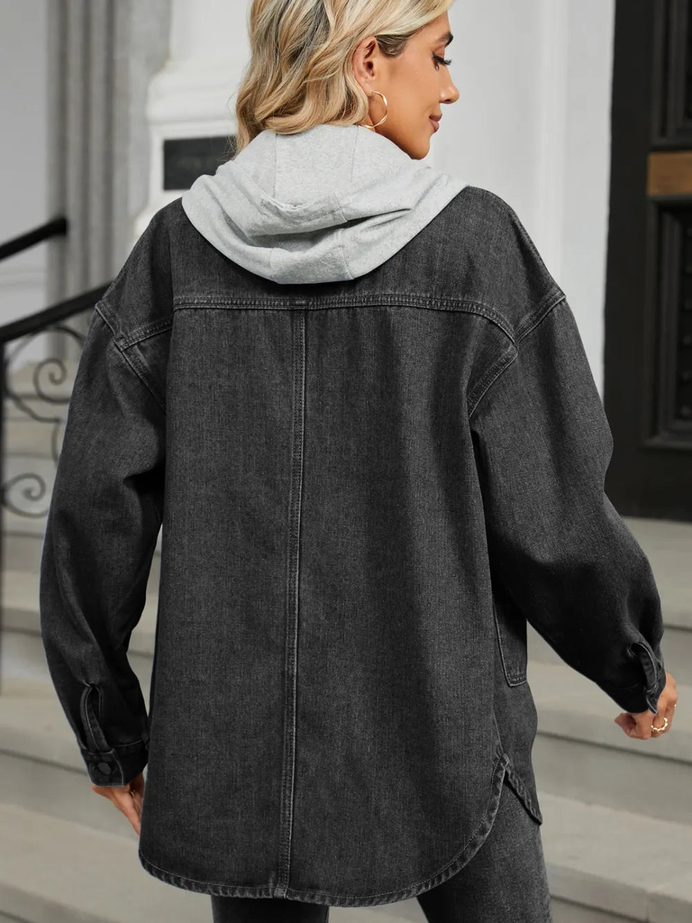 Removable Hood Button Up Long Sleeve Denim Jacket Carauana Store